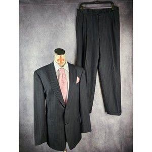VTG Hart Schaffner Marx 1887 Suit 38L Blazer 32x33 Pants Black Striped Wool USA